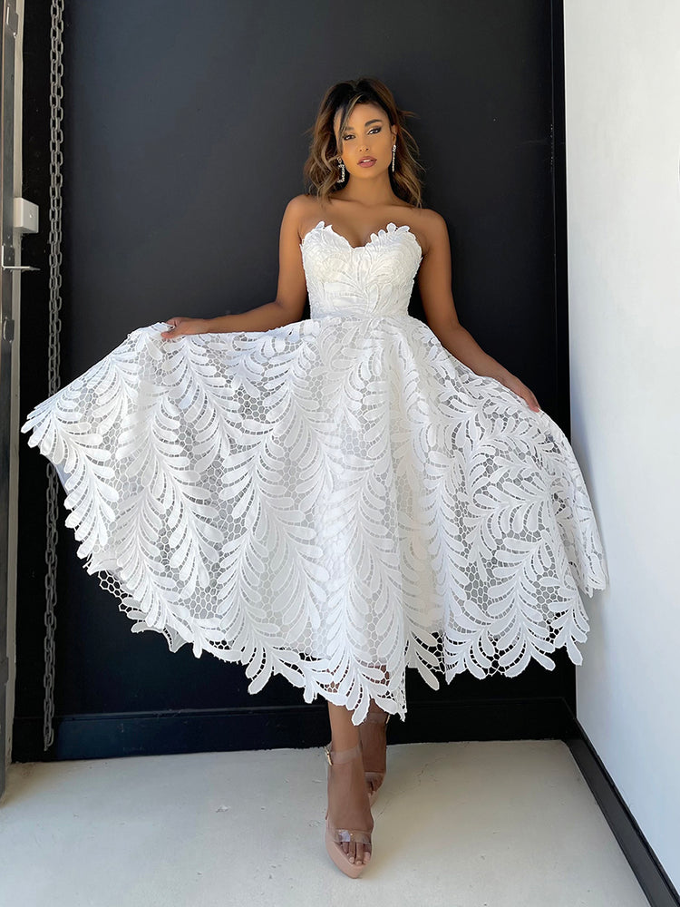 Modern tea length wedding dress in fashionable Ivory leaf lace