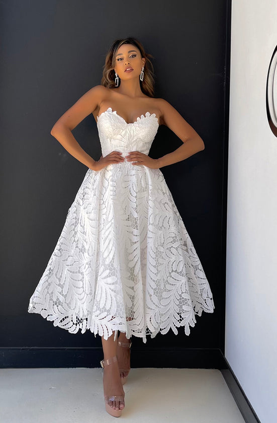 Ivory modern tea length wedding dress in fashionable leaf lace