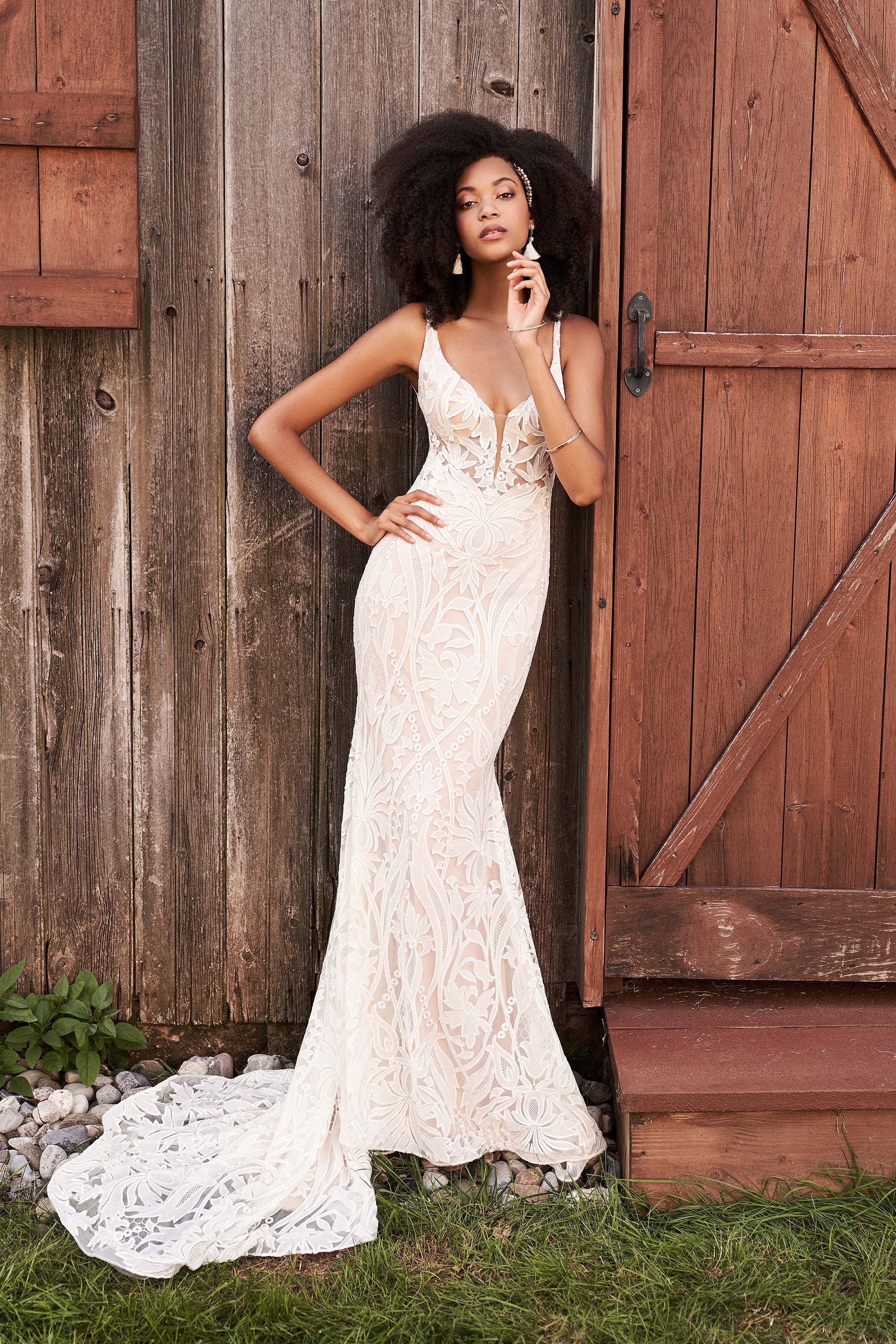 Plunging V-Neck Wedding Dress with Chiffon all-over Lace by