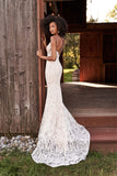Train of plunging V-Neck wedding dress with embroidered chiffon all-over lace - 66187 li-amelia
