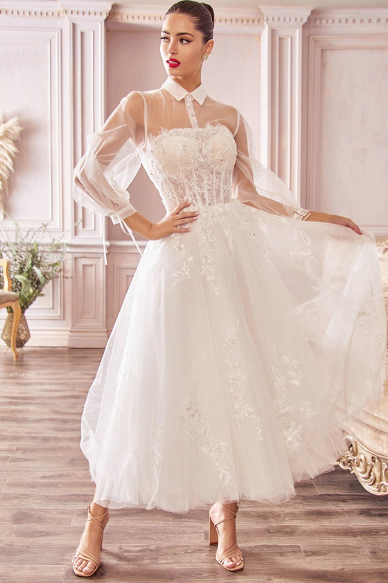 Long sleeve high colour tea length wedding gown - al-lucinda