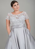 Close up of lw-lois Mikado wedding dress with lace bodice
