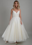 Silk organza strappy tea length wedding dress
