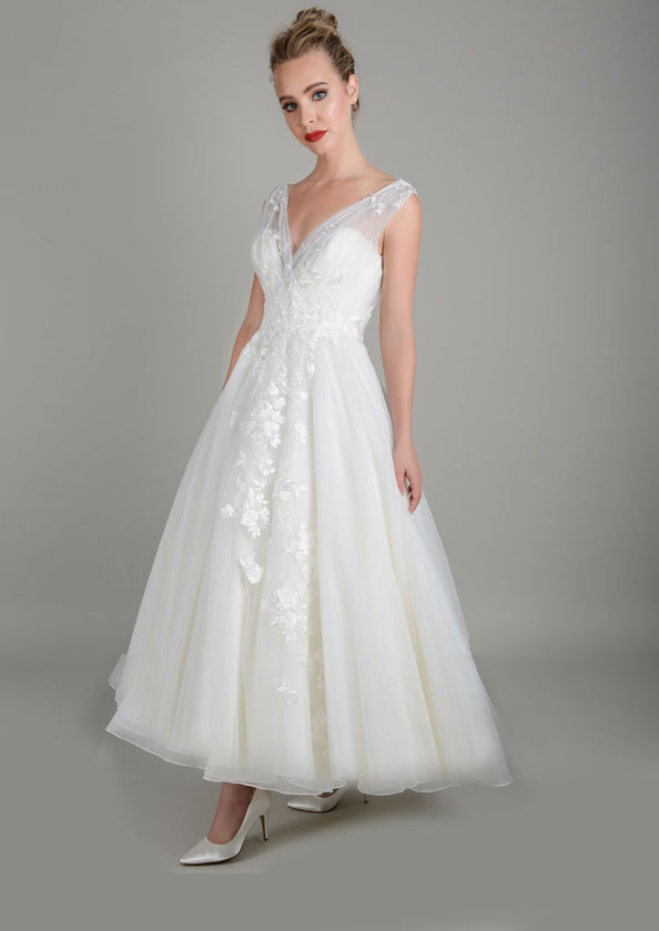 Image of Lois Wild Zinnia tea length wedding gown in super soft tulle with delicate lace appliqué