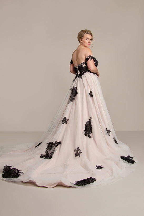 Strapless wedding gown with train in nude with black lace appliqué and soft black tulle  mg-jacqueline