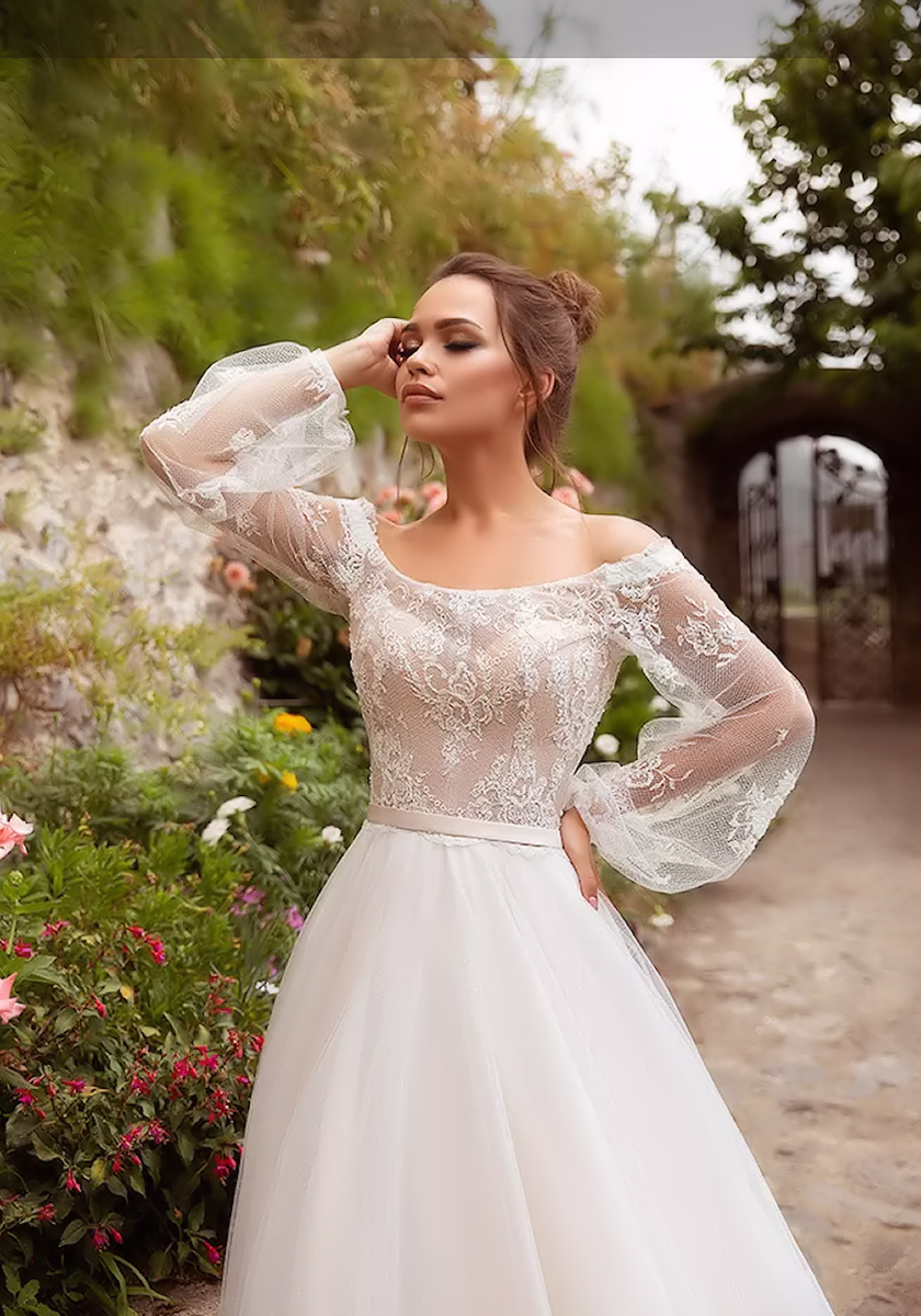 Romantic A-line wedding dress with wide laced sleeves - om-selena