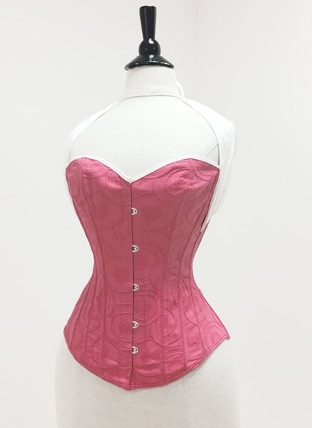 70-m2055_trg3pink  Overbust corset in pink swirl brocade