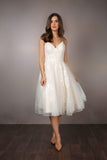 Pleated tulle tea length wedding dress with thin bodice straps | rd-iris