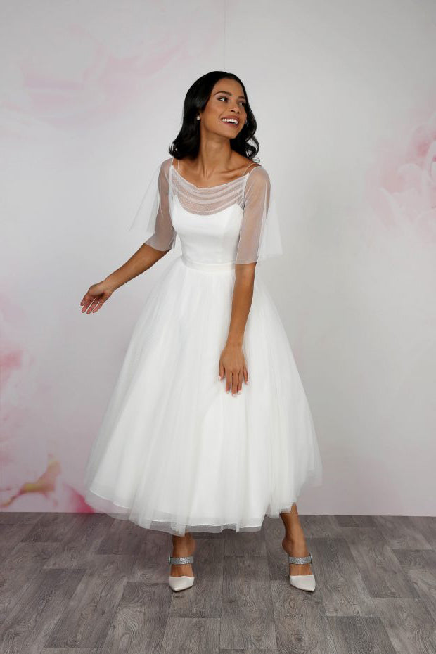 Dotty tulle tea length wedding gown with soft flutter sleeves, cinched in waist and full twirly 50's style full skirt | rd-stephanie