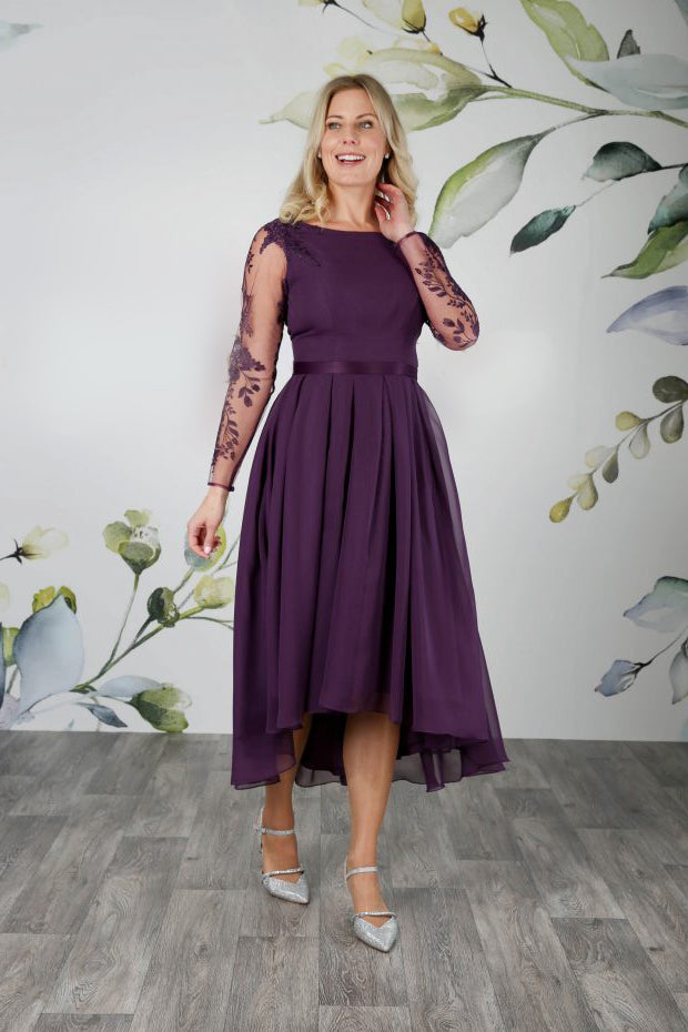 Tea length wedding dress in amethyst with high low hem and a fully pleated chiffon skirt | rd-linton