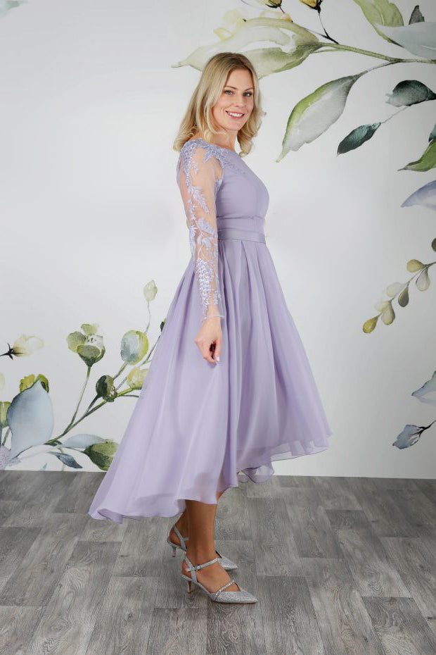 Side of tea length wedding dress in wisteria with high low hem and a fully pleated chiffon skirt | rd-linton