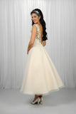 Back of the Rosie tea length wedding dress in champagne