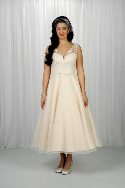 The Rosie tea length wedding dress in champagne