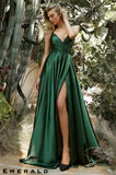 The Selena floor length satin dress with adjustable shoulder ties in Emerald Green
