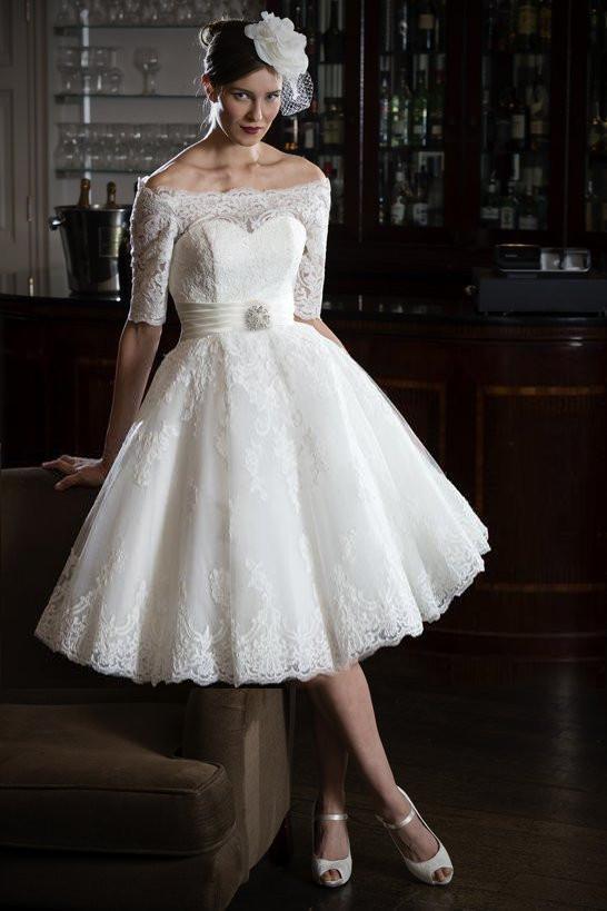tb-gia-o Short tea length bridal gown with lace trimmed neckline