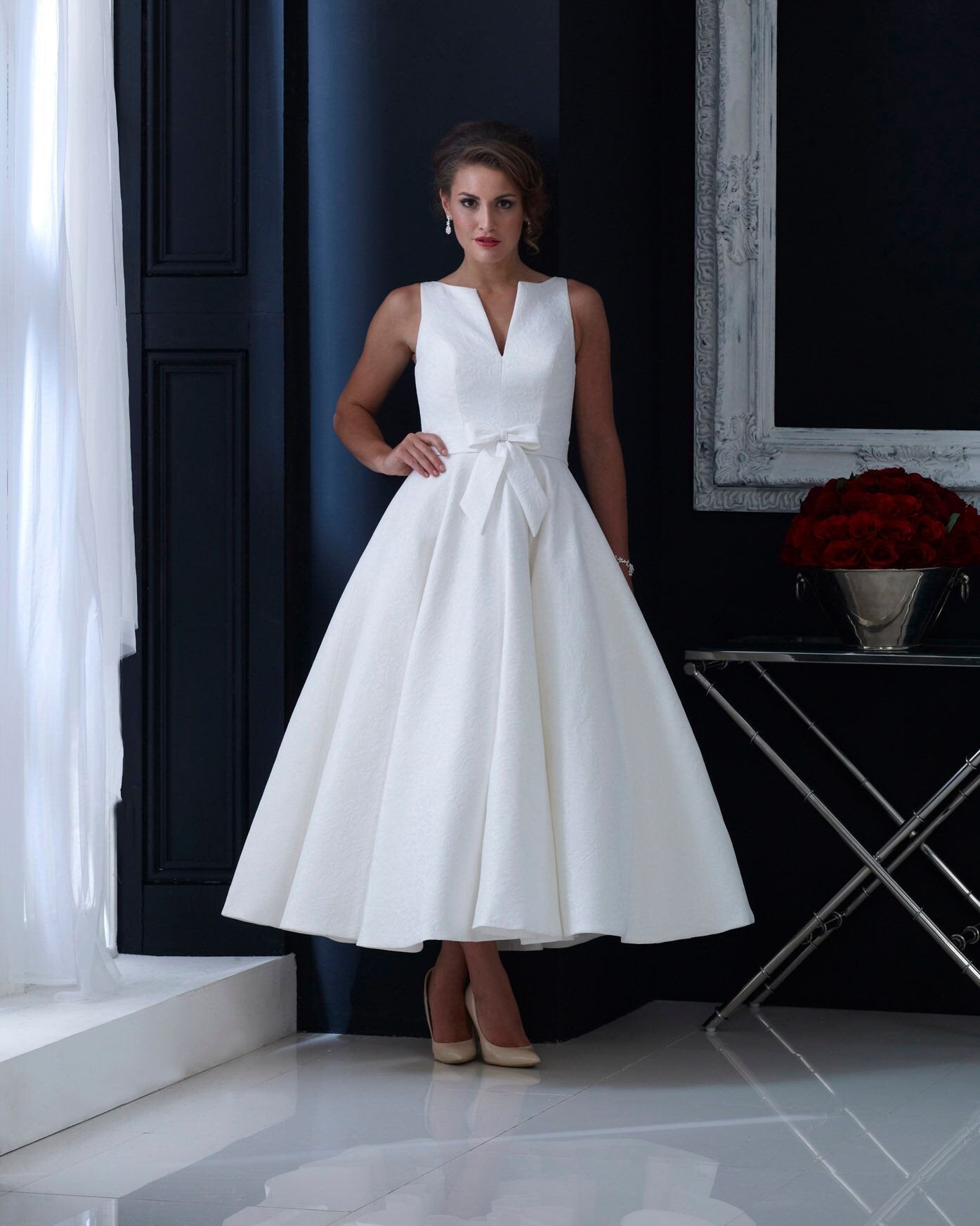 hn-veronica Brocade tea length wedding dress with subtle bow and hn-veronica Brocade tea length wedding dress with subtle bow and